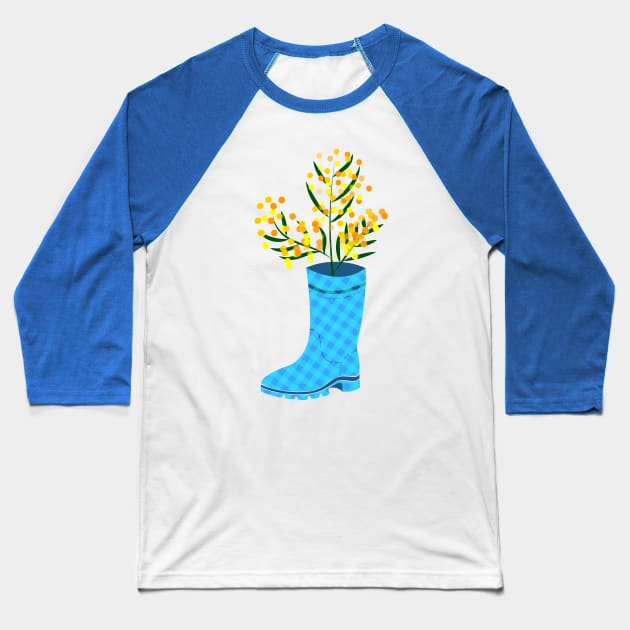 Rubber boots Wellies blue checkered Wellington boots and mimosa flower Baseball T-Shirt by Cute-Design